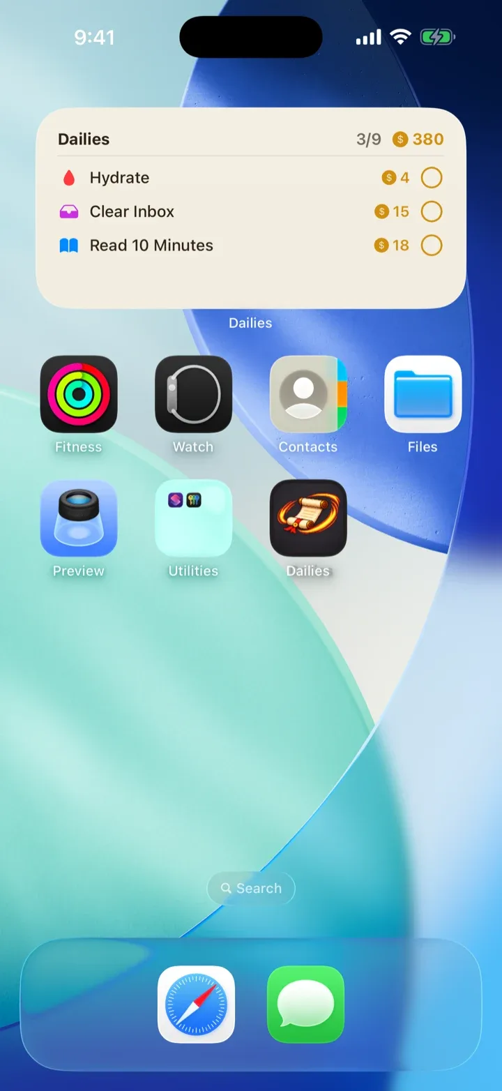 An iPhone home screen with the medium Dailies widget listing three quests, each with a payout and a completion button.