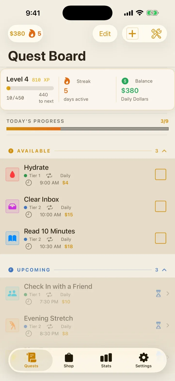 The Dailies quest board at level 4, showing three available quests with times and payouts, three more upcoming, and a five-day streak.