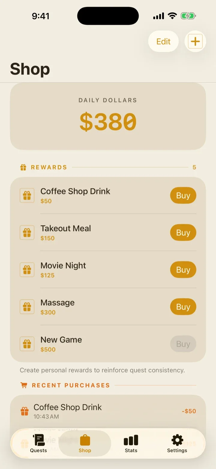 The Dailies shop screen showing a balance of 380 Daily Dollars against five self-defined rewards priced from 50 to 500.